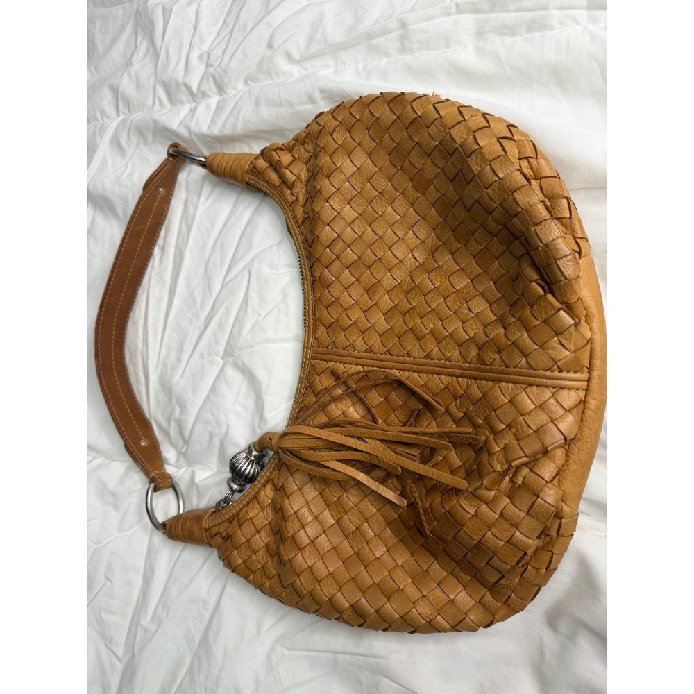 Sigrid Olsen Tan Woven Leather Hobo Bag Tassel Boho Shoulder Bag Brown